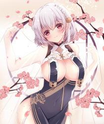 Rule 34 | 1girl, armpits, azur lane, bare shoulders, blush, braid, breast curtains, breasts, cherry blossoms, china dress, chinese clothes, cleavage, closed mouth, commentary request, covered navel, dress, flower, garter straps, grey dress, hair between eyes, hair flower, hair ornament, large breasts, looking at viewer, neckwear between breasts, partial commentary, pelvic curtain, red eyes, revealing clothes, sakura (ichisakupink), see-through, see-through sleeves, short hair, side braid, side slit, sideboob, silver hair, sirius (azur lane), sirius (azure horizons) (azur lane), smile, solo, two-tone dress