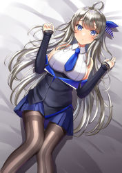 Rule 34 | 1girl, ahoge, bare shoulders, black jacket, black pantyhose, blue necktie, breasts, feet out of frame, grey eyes, jacket, kantai collection, large breasts, long hair, looking at viewer, lying, mayura (lucadia), military, military uniform, necktie, off shoulder, pantyhose, pleated skirt, shirt, silver hair, skirt, sleeveless, sleeveless shirt, solo, uniform, washington (kancolle), white shirt, white skirt