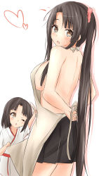 Rule 34 | 10s, 2girls, apron, back, bare back, black hair, breasts, brown eyes, halterneck, highres, japanese clothes, kantai collection, large breasts, long hair, looking back, miniskirt, mother and daughter, multiple girls, pleated skirt, ponytail, ribbon, saku (kudrove), shouhou (kancolle), sideboob, skirt, very long hair, waist apron, aged down