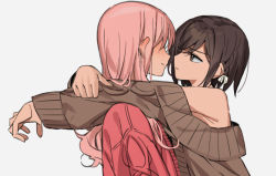 Rule 34 | 2girls, akiyama mizuki, arms around neck, bare shoulders, bow, braid, brown eyes, brown hair, brown sweater, closed mouth, commentary request, eye contact, grey background, hair bow, long hair, long sleeves, looking at another, multiple girls, namgic, off-shoulder sweater, off shoulder, pink hair, project sekai, red sweater, shinonome ena, short hair, side braid, simple background, sweater, upper body, white bow, yuri