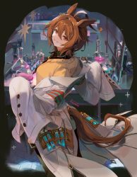 Rule 34 | 1girl, agnes tachyon (umamusume), ahoge, animal ears, beaker, black necktie, brown eyes, brown hair, buttons, earrings, erlenmeyer flask, flask, horse ears, horse girl, horse tail, jewelry, lab coat, laboratory, looking at viewer, looking back, necktie, off shoulder, open mouth, round-bottom flask, short hair, single earring, sleeves past wrists, smile, solo, standing, sweater, table, tail, teeth, test tube, test tube rack, umamusume, welchino, wide sleeves, yellow sweater