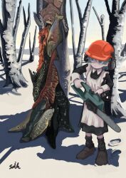 Rule 34 | 1girl, absurdres, apron, black dress, chainsaw, closed mouth, day, dress, fish, footprints, forest, green eyes, grey hair, hard hat, helmet, highres, holding, holding chainsaw, lalah 7th, maid apron, nature, original, outdoors, power tool, shoes, snow, socks, solo, standing, tree
