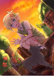 Rule 34 | 1boy, bag, basil (faraway) (omori), basil (omori), blonde hair, blue eyes, blush, brick floor, brown bag, brown footwear, brown shorts, bush, buttons, cat, cloud, collared shirt, commentary request, dutch angle, evening, fish, fish in mouth, flower, flower pot, full body, gradient sky, green bag, green vest, grey cat, hair between eyes, hair flower, hair ornament, hand up, highres, leaf, male focus, mapa (wqgrkt krbko), mouth hold, omori, open mouth, outdoors, plant, plastic bag, potted plant, raised eyebrows, red flower, shirt, shoes, short hair, short sleeves, shorts, sitting, sky, smile, socks, solo, sunset, teeth, upper teeth only, vest, waving, white shirt, white socks, wing collar