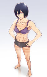 Rule 34 | 1girl, abs, absurdres, anjii (&amp;g), anngieignna, armpits, bad id, bad pixiv id, bare legs, bare shoulders, barefoot, black hair, bra, collarbone, hands on own hips, highres, looking at viewer, mikasa ackerman, muscular, purple bra, shingeki no kyojin, short hair, solo, standing, stomach, toes, underwear, underwear only