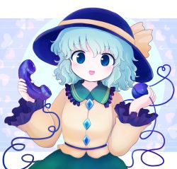 Rule 34 | 1girl, black hat, blouse, blue background, blue eyes, blue hair, blush, border, collar, collared shirt, crystal, frills, green skirt, hair between eyes, hands up, hat, hat ribbon, heart, jewelry, komeiji koishi, long sleeves, looking at viewer, multicolored background, open mouth, phone, pink background, purple background, rei (tonbo0430), ribbon, shirt, short hair, skirt, smile, solo, third eye, touhou, white border, wide sleeves, yellow ribbon, yellow shirt, yellow sleeves