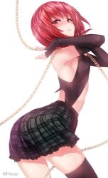 Rule 34 | 1girl, bad id, bad pixiv id, bare shoulders, black gloves, black thighhighs, breasts, chain, elbow gloves, fingerless gloves, gloves, hecatia lapislazuli, legacy of lunatic kingdom, looking at viewer, no headwear, no headwear, patata, plaid, plaid skirt, red eyes, red hair, short hair, sideboob, simple background, skirt, solo, thighhighs, touhou, white background