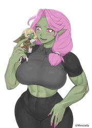 Rule 34 | 2girls, :d, blonde hair, blue eyes, blush, breasts, closed mouth, covered navel, earrings, female goblin, female orc, fingernails, goblin, hair over shoulder, highres, jewelry, large breasts, large ears, leggings, little goblin (roxxxan), midriff, mini person, minigirl, multiple girls, muscular, muscular female, nail polish, open mouth, orc, original, pink eyes, pink hair, pink nails, pointy ears, roxxxan, simple background, smile, stuffed animal, stuffed rabbit, stuffed toy, veins, veiny arms, white background