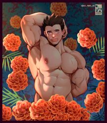 Rule 34 | 1boy, abs, bara, black hair, blush, boku no hero academia, closed mouth, commission, completely nude, flower, highres, ibispaint (medium), jezz mons art, large pectorals, looking at viewer, male focus, muscular, muscular male, navel, nipples, nude, orange flower, pectorals, satou rikidou, short hair, smile, solo, twitter username, veins, veiny arms