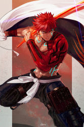 Rule 34 | 1boy, abs, armor, biceps, black cape, black pants, blade, border, cape, clenched hands, commentary request, emiya shirou, fate/grand order, fate (series), feet out of frame, flaming sword, flaming weapon, frown, glint, glowing, hands up, highres, holding, holding cape, holding clothes, holding weapon, hot, igote, japanese armor, kusazuri, leg armor, light particles, limited/zero over, looking to the side, magic circuit, male focus, manly, muscular, orange eyes, outside border, outstretched arm, pants, parted lips, pectorals, red hair, ribbon, sandals, sash, senji muramasa (fate), single bare shoulder, single sleeve, solo, sparks, tassel, two-sided cape, two-sided fabric, ub1mo, unworn cape, v-shaped eyebrows, veins, weapon, white cape, white ribbon, white sash, wrist straps, wristband, zouri