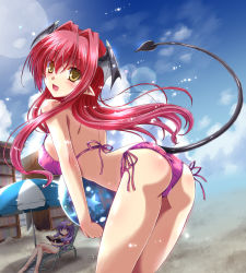 Rule 34 | 2girls, alternate costume, ass, ball, bat wings, beach chair, beach umbrella, beachball, bikini, blush, book, bookshelf, breasts, cloud, covered erect nipples, crescent, crescent hair ornament, day, demon tail, hair ornament, halterneck, head wings, koakuma, large breasts, leaning forward, lens flare, light particles, long hair, looking at viewer, looking back, multiple girls, open book, open mouth, parasol, patchouli knowledge, pointy ears, purple bikini, purple eyes, purple hair, reading, red hair, side-tie bikini bottom, sky, smile, strap gap, string bikini, sunlight, swimsuit, tail, touhou, umbrella, wings, yamu (reverse noise), yellow eyes