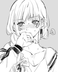 Rule 34 | 1girl, blush, bocchi the rock!, braid, collarbone, commentary request, covering own mouth, dress, earrings, enu (brandnewday02), greyscale, highres, hiroi kikuri, jewelry, long hair, long sleeves, monochrome, nervous sweating, off shoulder, single braid, solo, speech bubble, sweat, translation request, upper body