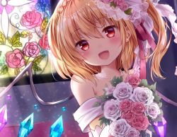 Rule 34 | 1girl, :d, alternate costume, bare shoulders, blonde hair, blush, bouquet, braid, bride, dress, earrings, elbow gloves, fang, flandre scarlet, flower, gloves, hair flower, hair ornament, head tilt, indoors, jewelry, kure~pu, looking at viewer, necklace, off-shoulder dress, off shoulder, one side up, open mouth, pearl necklace, pink flower, pink rose, red eyes, rose, smile, solo, stained glass, stud earrings, touhou, upper body, veil, wedding dress, white flower, white gloves, white rose, wings