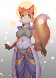 Rule 34 | 1girl, :3, absurdres, animal ears, animal nose, armor, blue thighhighs, body fur, breastplate, breasts, brown fur, closed mouth, covered navel, crotch plate, dress, facial mark, female focus, forehead mark, fox ears, fox girl, fox tail, furry, furry female, gluteal fold, gradient background, green eyes, grey background, happy, highres, hitmanatee, medium breasts, multicolored fur, open clothes, open dress, orange fur, original, purple dress, short sleeves, smile, solo, standing, tail, tail raised, thighhighs, unmoving pattern, white fur