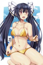 Rule 34 | 1girl, bad id, bad pixiv id, bikini, black hair, blush, bow, breasts, covered erect nipples, gold bikini, hair bow, highres, long hair, maroonabyss, medium breasts, navel, neptune (series), noire (neptunia), open mouth, red eyes, signature, sitting, solo, surprised, swimsuit, twintails, undressing, very long hair