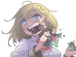 Rule 34 | 1girl, ahoge, blonde hair, blue eyes, chocolate, collared shirt, dress shirt, eating, heart, highres, hololive, hololive english, investigator (amelia watson), looking at viewer, medium hair, monocle, necktie, open mouth, red necktie, shirt, smile, tears, upper body, valentine, virtual youtuber, watson amelia, watson amelia (1st costume), white shirt, zedd (zedgawr)