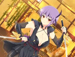 Rule 34 | 1girl, armor, ayane (doa), breasts, cleavage, closed mouth, collarbone, crossover, dead or alive, dual wielding, gauntlets, glint, headband, holding, holding sword, holding weapon, indoors, japanese clothes, large breasts, official art, purple hair, red eyes, senran kagura, senran kagura new link, shin guards, short hair, solo, sword, weapon, yaegashi nan