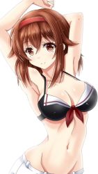 Rule 34 | 1girl, alternate costume, amou yuu, armpits, bare shoulders, bikini, breasts, brown eyes, brown hair, cleavage, commentary request, hair between eyes, hair flaps, hairband, hands up, kantai collection, looking at viewer, medium breasts, navel, shiratsuyu (kancolle), short hair, simple background, smile, solo, swimsuit, white background
