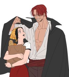 Rule 34 | 1boy, 1girl, back hair, bag, black cape, bracelet, cape, facial hair, head scarf, highres, holding, holding bag, jewelry, looking at another, makino (one piece), medium hair, mush820823, one piece, open mouth, partially unbuttoned, red hair, scar, scar across eye, shanks (one piece), shopping bag, short hair, short sleeves, simple background, smile, teeth, white background