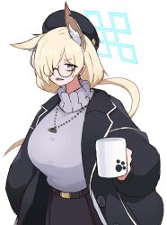 Rule 34 | 1girl, alternate costume, animal ear fluff, animal ears, beret, black coat, black hat, black skirt, blonde hair, blue archive, blue eyes, breasts, clenched teeth, coat, cup, dr yamero, earrings, hair over one eye, halo, hat, highres, holding, holding cup, jewelry, kanna (blue archive), large breasts, long hair, looking at viewer, necklace, notched ear, open clothes, open coat, open mouth, ringed eyes, round eyewear, sharp teeth, simple background, skirt, solo, sweater, teeth, turtleneck, turtleneck sweater, upper body, white background