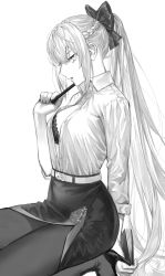Rule 34 | 1girl, alternate costume, black bra, black footwear, black skirt, bra, braid, breasts, collared shirt, dress shirt, fate/grand order, fate (series), french braid, greyscale, hair between eyes, highres, lace, lace-trimmed bra, lace trim, long hair, looking at viewer, monochrome, morgan le fay (chaldea satellite station) (fate), morgan le fay (fate), nipi27, open clothes, pantyhose, ponytail, shirt, skirt, solo, underwear, very long hair, white background, white shirt