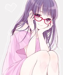 Rule 34 | 1girl, arm support, black eyes, black hair, blouse, blush, chisumi, glasses, grey background, heart, highres, legs together, long hair, looking at viewer, nail polish, off shoulder, original, outline, pink shirt, red-framed eyewear, shirt, smile, solo