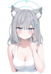 Rule 34 | 1girl, absurdres, animal ear fluff, animal ears, ayeon chan, blue archive, blue eyes, blue halo, blush, breasts, cleavage, collarbone, cross hair ornament, extra ears, grey hair, hair ornament, halo, highres, large breasts, looking at viewer, medium hair, parted lips, shiroko (blue archive), simple background, solo, tank top, upper body, white background, white tank top, wolf ears