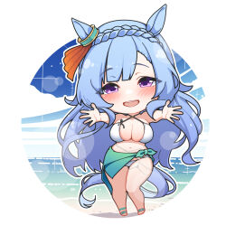 Rule 34 | 1girl, animal ears, bare shoulders, beach, bikini, blue hair, blunt bangs, blush, braid, breasts, chibi, cloud, commentary, day, ear ornament, foreshortening, highres, horse ears, horse girl, horse tail, large breasts, lens flare, light blue hair, long hair, looking at viewer, mejiro ardan (umamusume), navel, no nose, o-ring, ocean, open mouth, outdoors, outstretched arms, purple eyes, reaching, reaching towards viewer, sandals, sarong, skindentation, solo, standing, swimsuit, tail, teeth, thighs, umamusume, upper teeth only, very long hair, warashi, water, white bikini
