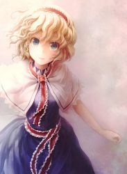 Rule 34 | 1girl, alice margatroid, ascot, blonde hair, blue dress, blue eyes, camisole, capelet, commentary request, dress, frilled ascot, frilled camisole, frilled hairband, frilled sash, frills, hairband, highres, ikamagu, lolita hairband, red ascot, red hairband, red sash, sash, short hair, solo, touhou, wavy hair, white capelet