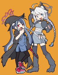 Rule 34 | 2girls, alternate costume, animal ears, baton (weapon), blue archive, blush, expandable baton, fubuki (blue archive), halloween, halloween costume, halo, hat, highres, holding, holding weapon, kirino (blue archive), long hair, mikaku (vbvpahw9), multiple girls, orange background, shoes, smoke grenade, sneakers, twintails, weapon, werewolf costume, witch, witch hat, wolf ears
