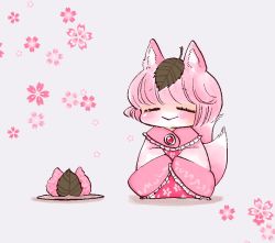 Rule 34 | 1girl, :&gt;, aged down, alternate color, animal ears, blush, closed mouth, commentary, eyebrows, closed eyes, floral background, floral print, food, fox ears, fox tail, full body, grey background, hair ornament, komaku juushoku, leaf, leaf hair ornament, leaf on head, multiple tails, pink hair, pink theme, plate, sakura mochi, simple background, smile, solo, standing, tail, touhou, two tails, wagashi, white background, wide sleeves, yakumo ran