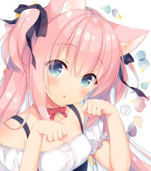 Rule 34 | 1girl, ?, animal ears, bare shoulders, black bow, blue eyes, blush, bow, breasts, cat ears, chestnut mouth, collarbone, commentary, hair between eyes, hair bow, hands up, head tilt, heart, long hair, looking at viewer, original, parted lips, paw pose, pink hair, red bow, sazaki ichiri, small breasts, solo, spoken question mark, twintails, white background