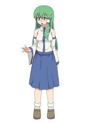 Rule 34 | 1girl, dai (touhou handdrawn), detached sleeves, female focus, frog hair ornament, gazacy (dai), green eyes, green hair, hair ornament, hair tubes, highres, kochiya sanae, long hair, matching hair/eyes, open mouth, solo, standing, touhou, white background, wide sleeves