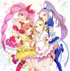 Rule 34 | 10s, 4girls, arm warmers, blonde hair, blue eyes, blue skirt, blue thighhighs, boots, bow, brown hair, bubble skirt, choker, cure beat, cure melody, cure muse, cure muse (yellow), cure rhythm, flat chest, frilled skirt, frills, green eyes, hair ornament, houjou hibiki, kurokawa eren, long hair, magical girl, midriff, mikurou (nayuta), minamino kanade, multiple girls, one eye closed, pink bow, pink hair, ponytail, precure, purple hair, red eyes, seiren (suite precure), shirabe ako, skirt, smile, star (symbol), suite precure, thigh boots, thighhighs, twintails, v, very long hair, white choker, wink, yellow bow, yellow eyes
