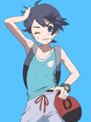 1boy, aoaomzir, backpack, bag, bangs, bare arms, black hair, blue background, blue eyes, creatures (company), elio (pokemon), game freak, green tank top, grey shorts, hand on own head, hat, highres, holding, holding clothes, holding hat, male focus, nintendo, one eye closed, parted lips, pokemon, pokemon (game), pokemon usum, scrape, short hair, shorts, simple background, solo, sweatdrop, tank top, z-ring