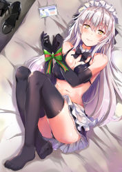 Rule 34 | 1girl, apron, bare shoulders, bdsm, bikini, bikini top only, black bikini, black gloves, black thighhighs, blush, bondage, bound, bound wrists, bow, bowtie, breasts, closed mouth, elbow gloves, fate/grand order, fate (series), fujimaru ritsuka (male), gloves, hair bow, high heels, highres, jeanne d&#039;arc (fate), jeanne d&#039;arc alter (avenger) (fate), jeanne d&#039;arc alter (fate), konka, long hair, looking at viewer, lying, maid, maid bikini, maid headdress, medium breasts, navel, on back, on bed, phone, fake phone screenshot, silver hair, solo, striped, striped bow, swimsuit, thighhighs, unconventional maid, waist apron, yellow eyes