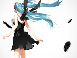 Rule 34 | 1girl, aqua hair, backless dress, backless outfit, bad id, bad pixiv id, bare shoulders, black dress, black wings, dress, feathers, female focus, from behind, hair ornament, hatsuko, hatsune miku, kuroi tsubasa (vocaloid), long hair, short dress, simple background, solo, twintails, vocaloid, white background, wings