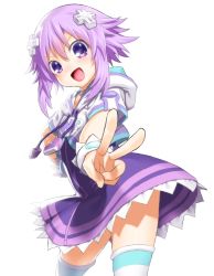 Rule 34 | 10s, 1girl, :d, d-pad, dress, female focus, hair ornament, kami jigen game neptune v, neptune (neptunia), neptune (series), onsoku inu, open mouth, purple eyes, purple hair, short hair, smile, solo, striped clothes, striped thighhighs, thighhighs, v