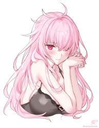 Rule 34 | 1girl, armpit crease, bare arms, bare shoulders, black choker, black nightgown, blush, breasts, choker, closed mouth, collarbone, commentary request, fingernails, hair over one eye, highres, hololive, hololive english, kamiya maneki, large breasts, light smile, long hair, looking at viewer, messy hair, mori calliope, mori calliope (sleepwear), nightgown, own hands together, pink eyes, pink hair, signature, simple background, solo, twitter username, virtual youtuber, white background