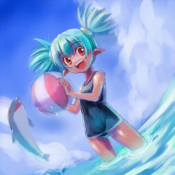 Rule 34 | 1girl, :d, aqua hair, ball, beachball, blue hair, dolphin, dutch angle, edobox, one-piece swimsuit, open mouth, original, pointy ears, red eyes, school swimsuit, smile, solo, swimsuit, twintails, wading, water