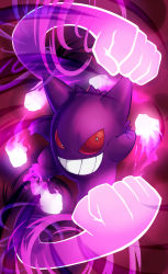 Rule 34 | artist request, clenched hand, creatures (company), game freak, gen 1 pokemon, gengar, ghost, grin, highres, nintendo, no humans, pokemon, pokemon (creature), red eyes, smile, solo, teeth
