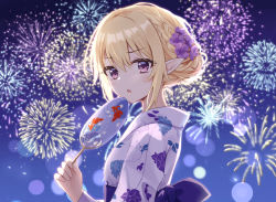 Rule 34 | 1girl, blonde hair, blush, chloe (princess connect!), elf, japanese clothes, kimono, pointy ears, princess connect!, princess connect! re:dive, purple eyes, yazi114, yukata