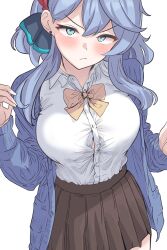 Rule 34 | 1girl, absurdres, ako (blue archive), aqua eyes, blue archive, blue cardigan, blue hair, blue ribbon, blush, bow, bowtie, breasts, brown skirt, button gap, cardigan, closed mouth, collared shirt, commentary request, hair between eyes, hair ribbon, highres, large breasts, looking at viewer, medium hair, metsu end, open cardigan, open clothes, ribbon, shirt, simple background, skirt, solo, white background, white shirt, yellow bow, yellow bowtie
