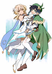 1boy 1girl bare_shoulders black_hair blonde_hair blue_hair bow braid breasts cape detached_sleeves dress feathers flower frilled_sleeves frills genshin_impact gloves gradient_hair green_headwear hair_between_eyes hair_flower hair_ornament hand_on_another&#039;s_shoulder hat kk_(kkgame7733) long_hair long_sleeves looking_at_viewer lumine_(genshin_impact) medium_breasts multicolored_hair open_mouth pantyhose shoes shorts simple_background smile thighhighs trap twin_braids venti_(genshin_impact) vision_(genshin_impact) white_background white_dress white_flower white_pantyhose yellow_eyes