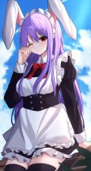 Rule 34 | 1girl, 7saki, alternate costume, animal ears, apron, bad id, bad pixiv id, blue sky, closed mouth, cloud, commentary request, day, enmaided, highres, long sleeves, looking at viewer, maid, maid apron, maid headdress, one eye closed, puffy long sleeves, puffy sleeves, purple hair, rabbit ears, red eyes, reisen udongein inaba, sky, solo, touhou, white apron