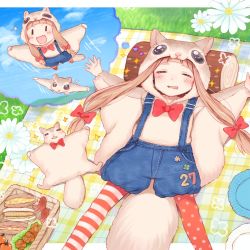 Rule 34 | 1girl, :d, animal, animal costume, asymmetrical legwear, bow, bowtie, closed eyes, commentary request, day, dreaming, drooling, flower, flying, flying squirrel, food, food art, grass, gum (vivid garden), hair ribbon, highres, ichihara nina, idolmaster, idolmaster cinderella girls, light brown hair, long hair, open mouth, outdoors, outstretched arms, pantyhose, picnic basket, polka dot, polka dot legwear, red pantyhose, ribbon, sandwich, sleeping, smile, solo, sparkle, spread arms, squirrel, striped clothes, striped pantyhose, suspenders, tako-san wiener, tress ribbon, uneven legwear, | |, || ||