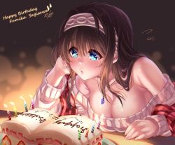 Rule 34 | 1girl, bare shoulders, birthday, blowing, blue eyes, blush, book, breasts, brown hair, cake, candle, character name, cleavage, collarbone, commentary request, cursive, dated, flying sweatdrops, food, food writing, fruit, gym, happy birthday, idolmaster, idolmaster cinderella girls, jewelry, long hair, medium breasts, necklace, off-shoulder, off-shoulder sweater, off shoulder, parted lips, sagisawa fumika, shashaki, shawl, solo, strawberry, sweater, upper body