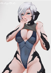 Rule 34 | 1girl, artist name, au ra, bikini, blue eyes, blue one-piece swimsuit, breasts, cleavage, clothes lift, covered navel, cowboy shot, dragon girl, dragon horns, feet out of frame, female focus, final fantasy, final fantasy xiv, grey background, hair between eyes, highres, holy meh, horns, large breasts, lifted by self, lips, looking at viewer, one-piece swimsuit, original, parted lips, scales, shiny skin, shirt lift, short hair, signature, simple background, solo, square enix, swimsuit, thighs, white hair