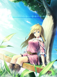 Rule 34 | 1girl, armais (me-chan337), bad id, bad pixiv id, belt, blonde hair, blue eyes, blunt bangs, blush, boots, breasts, cross-laced footwear, day, dress, english text, grass, highres, knee boots, lace-up boots, long hair, open mouth, original, outdoors, shoes, sitting, smile, socks, solo, tree, twintails