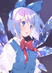Rule 34 | 1girl, akagashi hagane, arms at sides, backlighting, black background, blue bow, blue eyes, blue hair, blue vest, bow, bowtie, chromatic aberration, cirno, d:, floating hair, frilled sleeves, frills, from side, hair bow, hair ornament, ice, ice wings, light particles, looking away, neck ribbon, open mouth, puffy short sleeves, puffy sleeves, red bow, red bowtie, red ribbon, ribbon, round teeth, short hair, short sleeves, solo, tareme, teeth, tongue, touhou, upper body, upper teeth only, v-shaped eyebrows, vest, wind, wing collar, wings