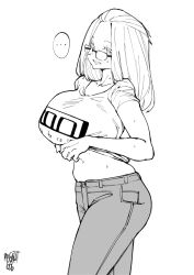 Rule 34 | ..., 1girl, absurdres, artist name, band shirt, bangs pinned back, breasts, clothes lift, collarbone, cowboy shot, folded hair, forehead, from side, glasses, greyscale, grin, hair pulled back, highres, huge breasts, inne sulistya robin, large breasts, long hair, looking at viewer, merchandise, monochrome, norman maggot, original, pants, shirt lift, short sleeves, smile, solo, spoken ellipsis